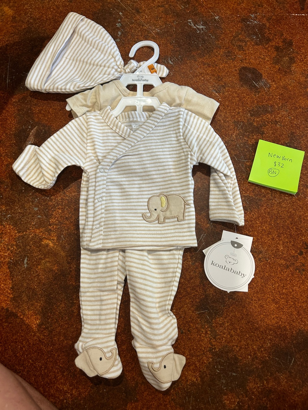 Koala Kids - infant NB- Cream Striped Elephant. 4 piece set. Hat, Onesie, Pants